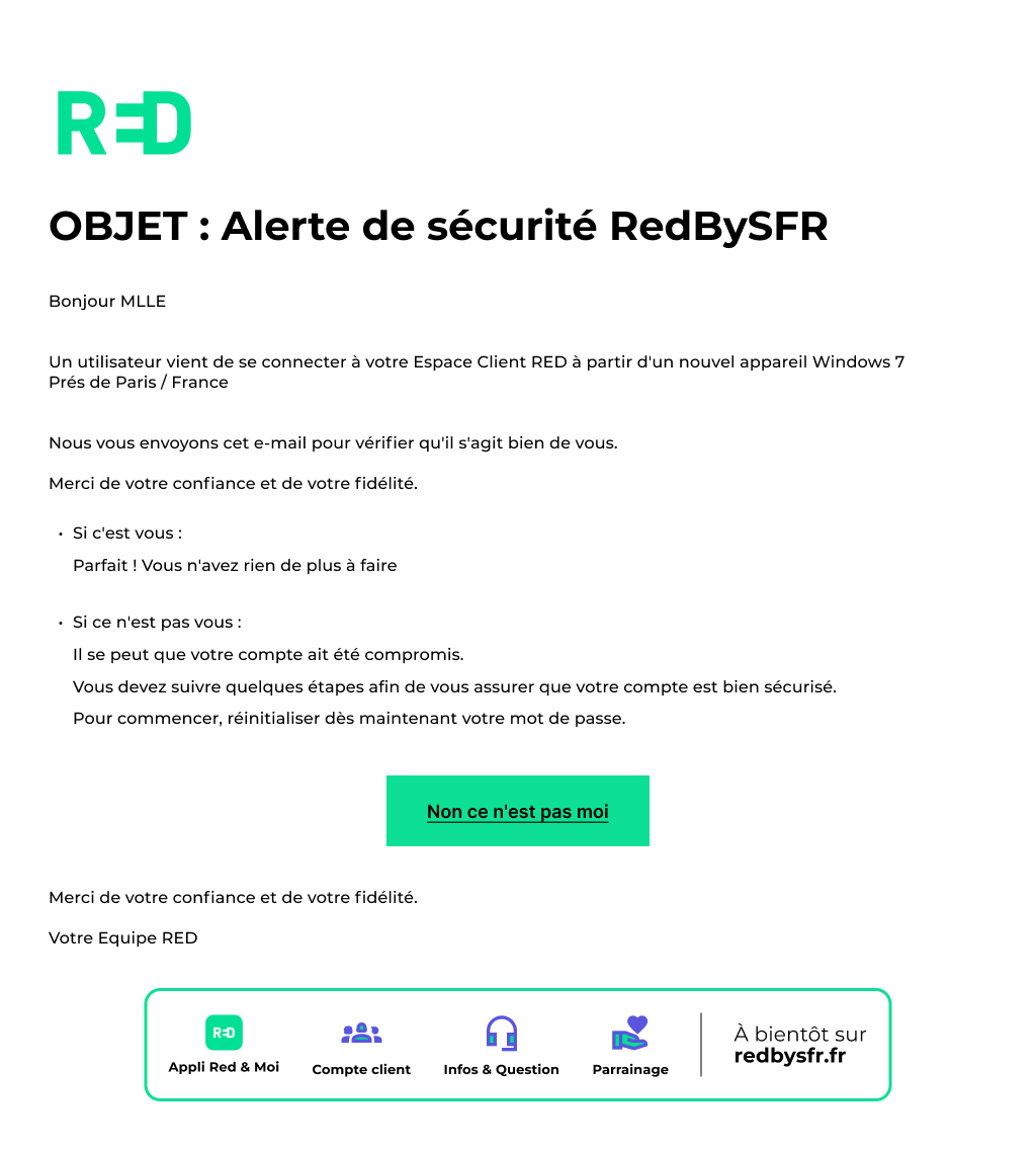 Visuel présentant un e-mail envoyé par RED lors d'une suspicion de tentative de fraude