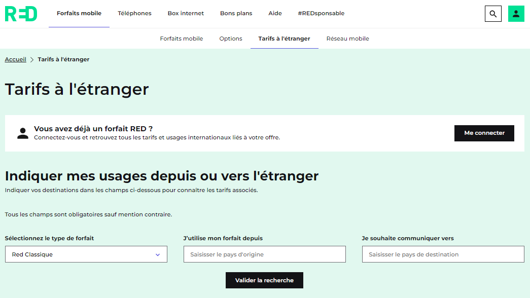 Visuel présentant la page du site Web RED avec la sélection dynamique des tarifs vers l'étranger.