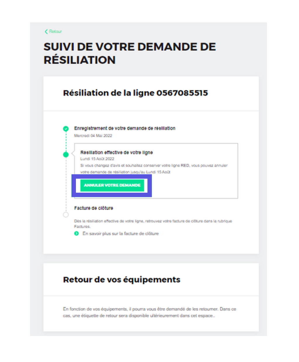 Visuel présentant le bouton Annuler votre demande sur l'Espace Client SFR