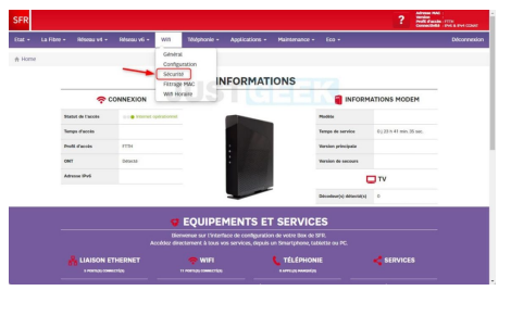 Visuel présentant l'interface d’administration de votre box SFR, onglet Wifi sécurité