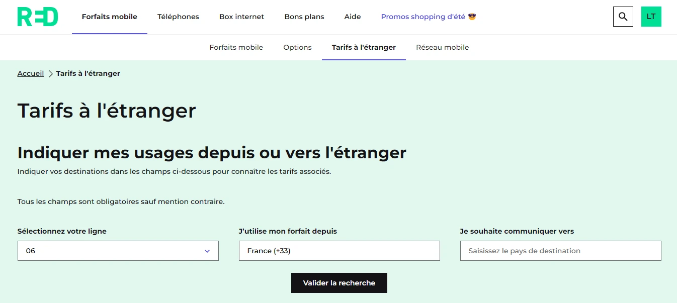 capture d'écran présentant la page dynamique permettant de visualiser les tarifs à l'international d'un pays vers un autre