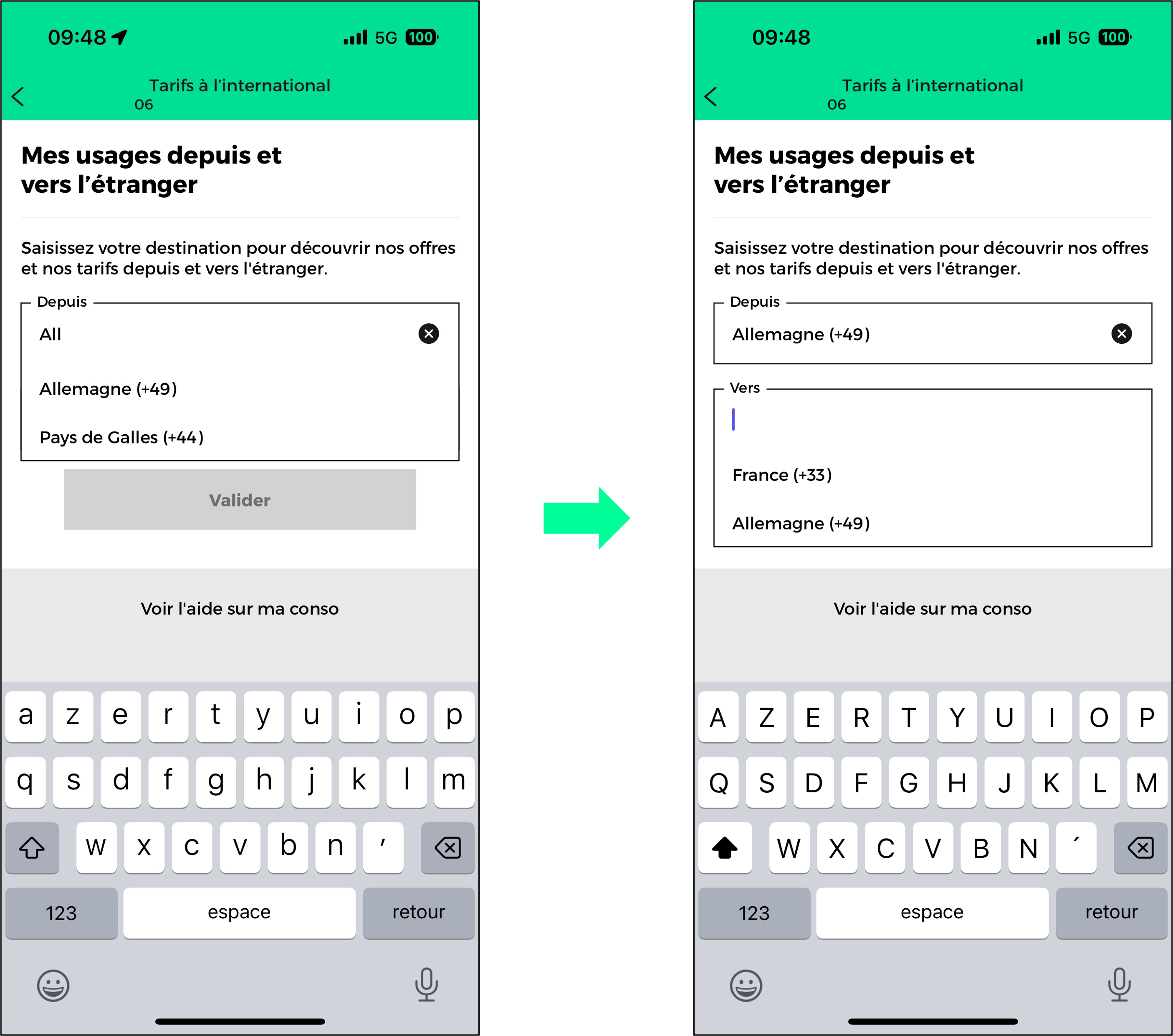 Captures d'écran présentant la sélection des pays pour connaître les coûts de communication sur l'appli RED & Moi.