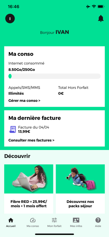 Capture d'écran présentant la page d'accueil de l'application SFR & Moi et la rubrique Ma dernière facture.