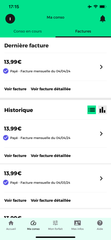 Capture d'écran présentant la rubrique Factures sur l'application mobile SFR & Moi.