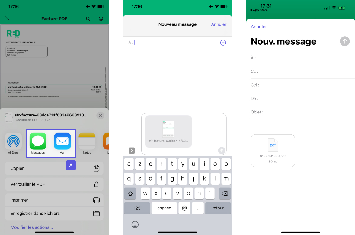 Capture  d'écran présentant le parcours pour envoyer une facture RED Mobile par e-mail depuis son application SFR & Moi avec un iPhone.