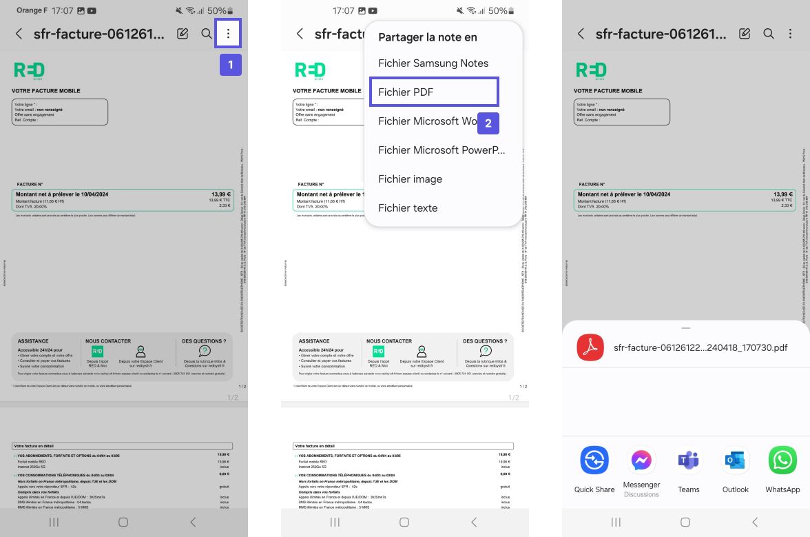 Captures  d'écran présentant le parcours pour envoyer une facture RED Mobile par e-mail depuis son application SFR & Moi avec un smartphone Android