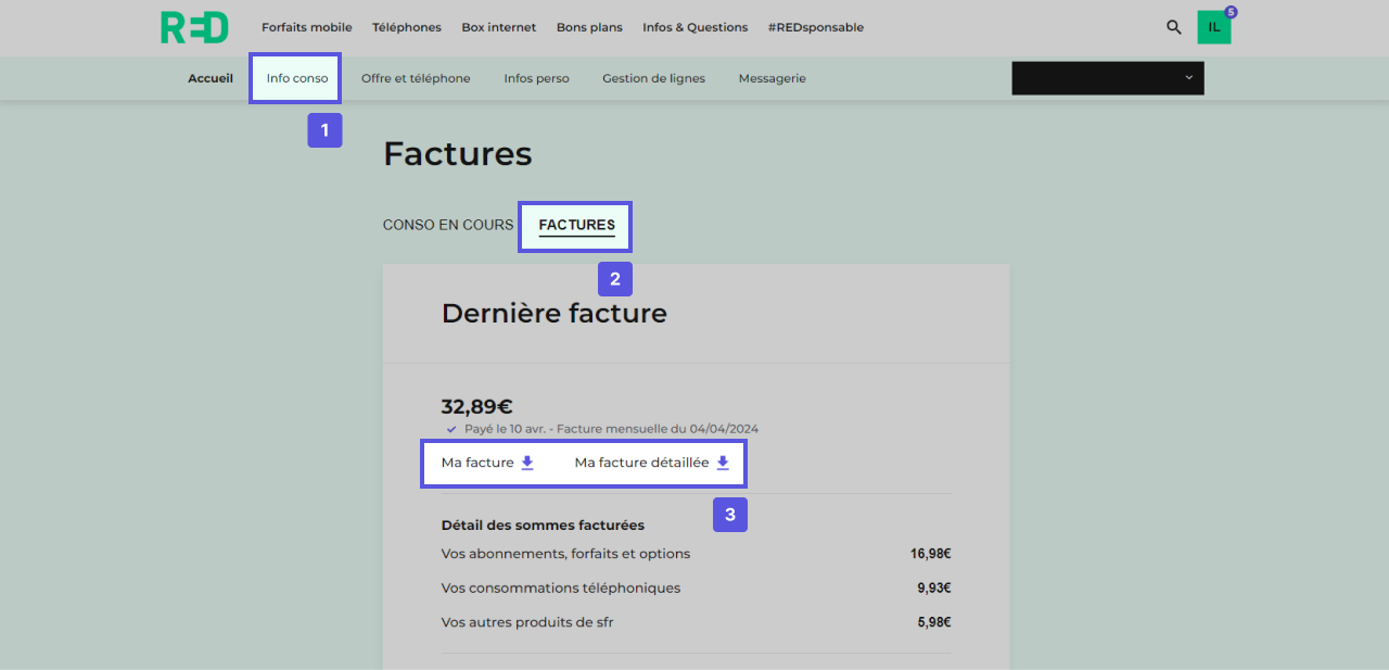 Captures d'écran présentant le parcours pour télécharger sa facture RED Mobile depuis son Espace Client RED.