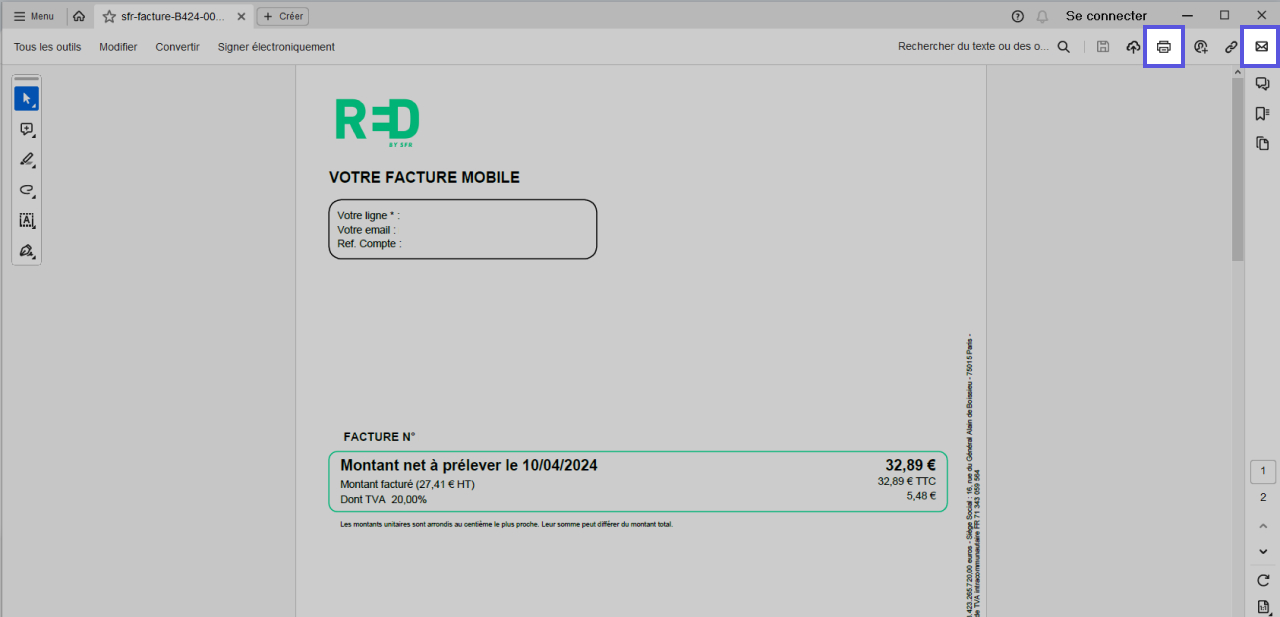 Capture d'écran présentant les boutons pour imprimer une facture RED Mobile ou l'envoyer par e-mail.