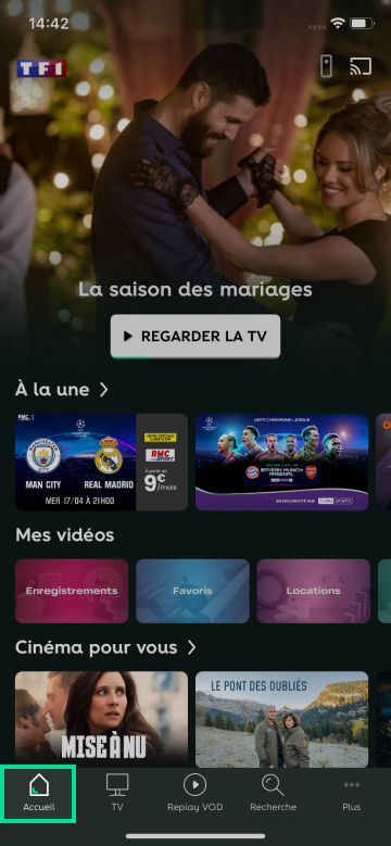 Capture d'écran présentant le bouton Accueil sur l'application RED TV