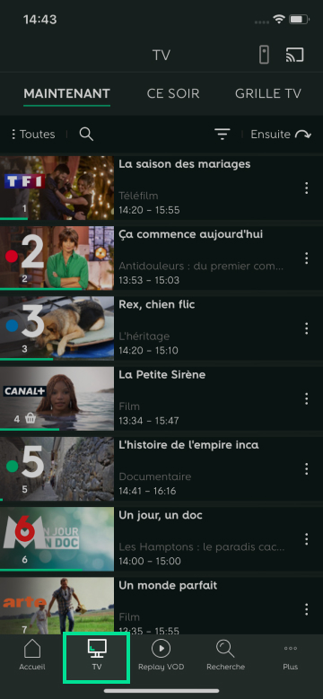 Capture d'écran présentant le bouton TV sur l'application RED TV