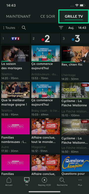 Capture d'écran présentant la rubrique Grille TV sur l'application RED TV