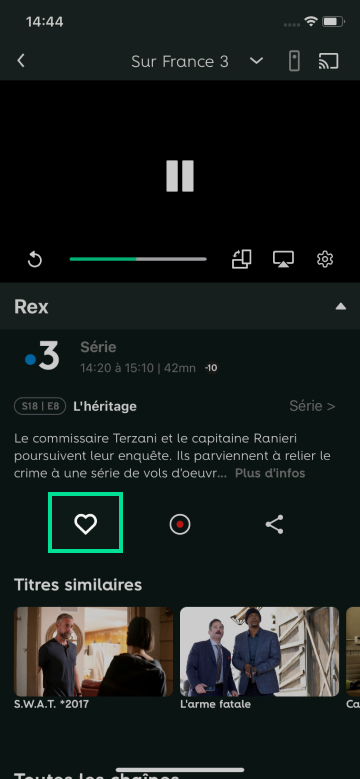 Capture d'écran présentant le bouton J'aime sur l'application RED TV