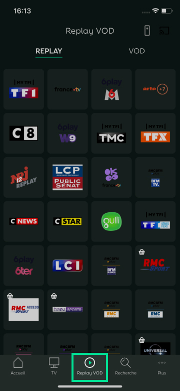 Capture d'écran présentant le bouton Replay VOD sur l'application RED TV