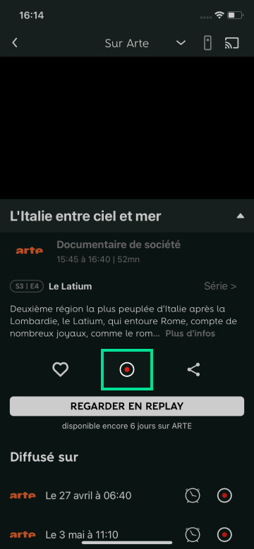 Capture d'écran présentant le bouton Enregistrer sur l'application RED TV