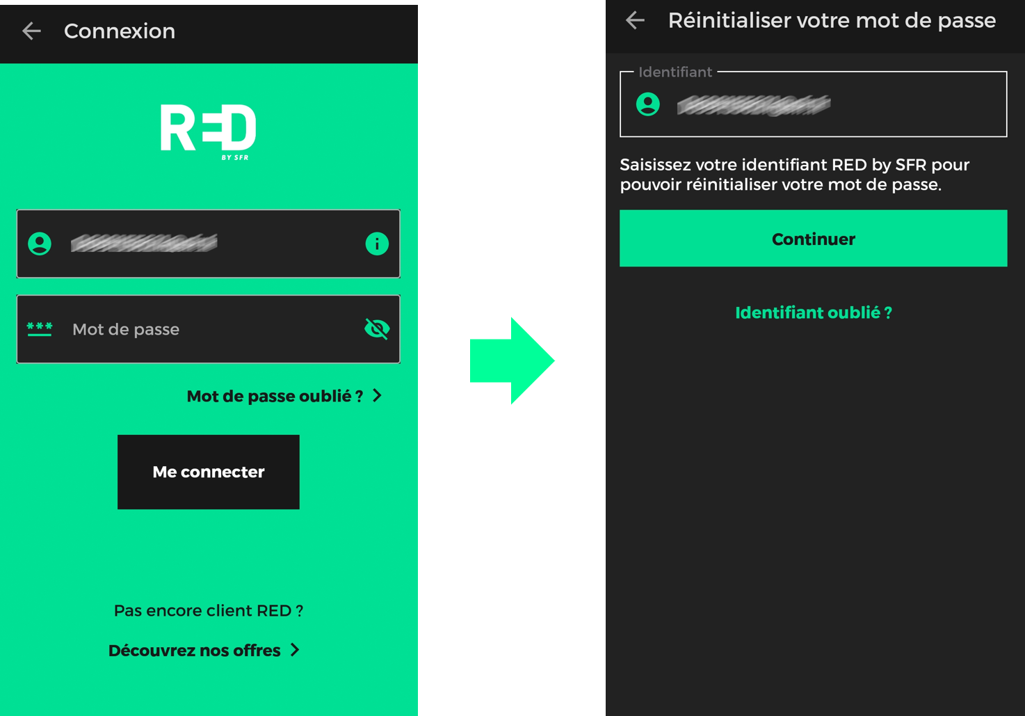 captures d'écran présentant les étapes du parcours pour réinitialiser son mot de passe avec l'application RED & Moi