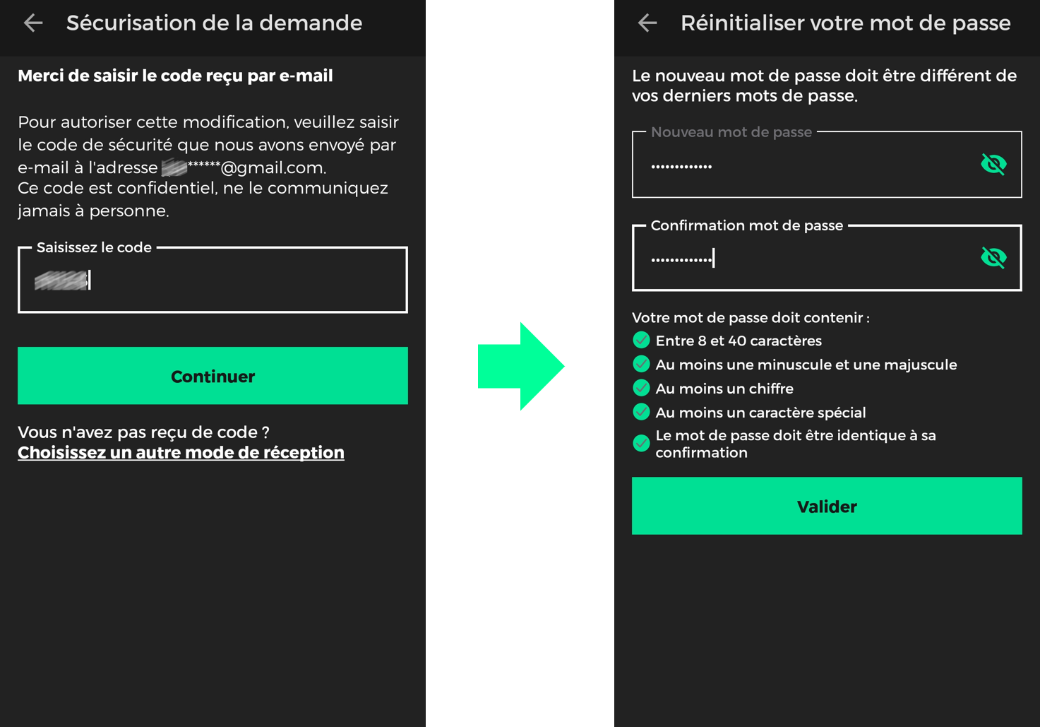 captures d'écran présentant les étapes du parcours pour réinitialiser son mot de passe avec l'application RED & Moi