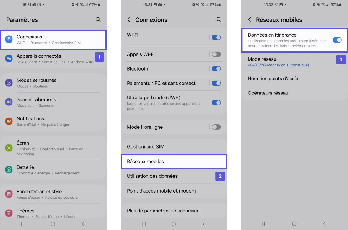 Captures d'écran présentant le parcours pour accéder à l'activation des données en itinérance sur un smartphone Android