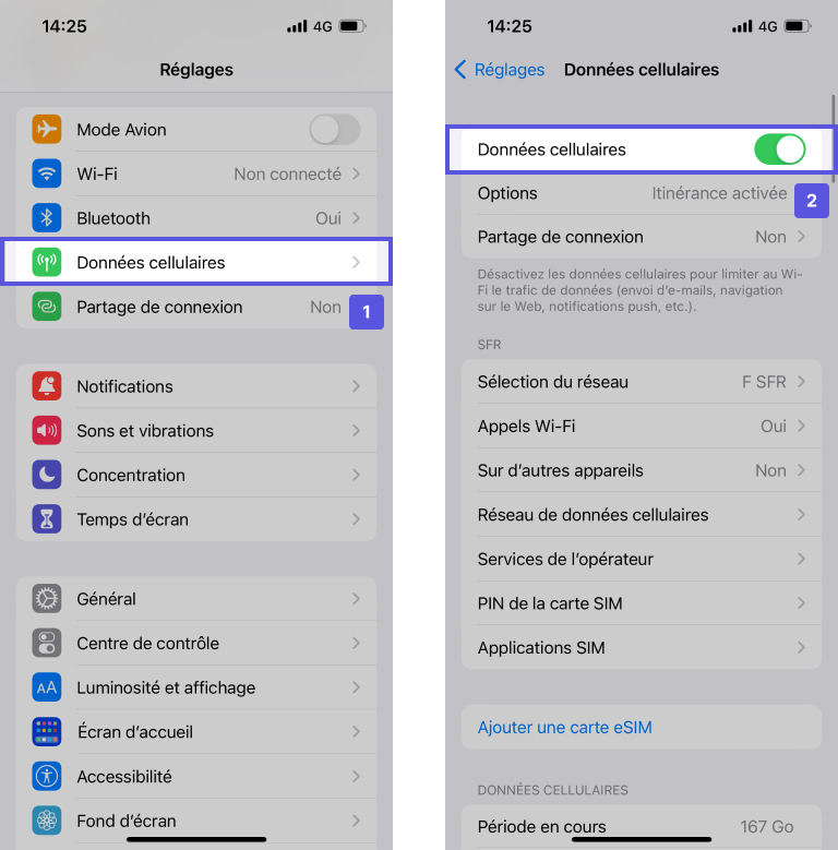 Captures d'écran présentant le parcours pour activer les données cellulaires sur iPhone