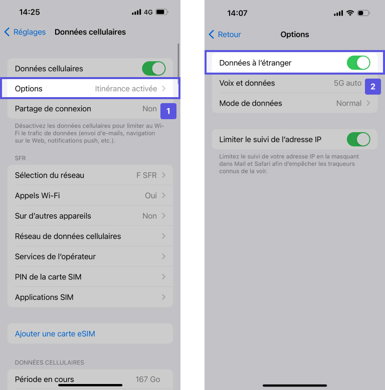 Captures d'écran présentant le parcours pour activer les données à l'étranger sur iPhone