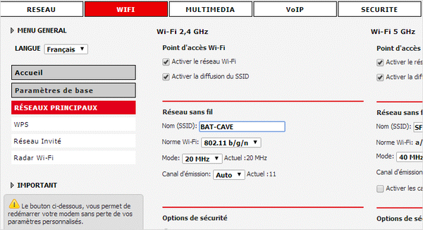 Visuel interface de gestion rubrique wifi nom du réseau