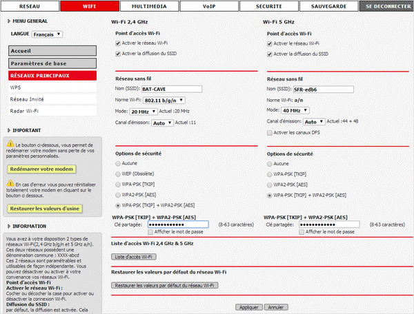 Visuel interface de gestion rubrique wifi options de sécurité