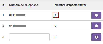 Visuel liste numéros filtrés