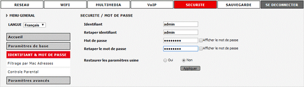 Visuel interface admin mot de passe