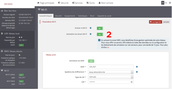 capture d'écran illustrant l'étape 3 pour activer le Smart WiFi sur l'interface d'administration