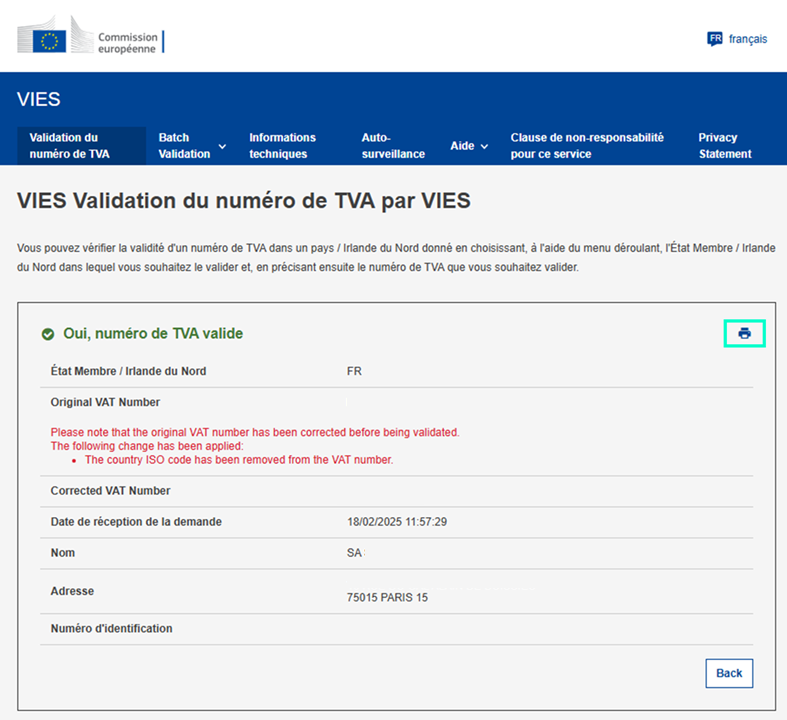 capture d'écran présentant l'emplacement du bouton Imprimer