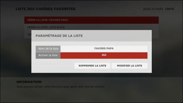 Visuel de la page de favoris du Mini Décodeur TV.