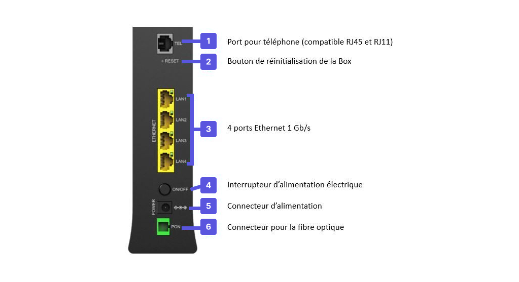 Visuel présentant la connectique sur la face arrière de la box 7 Fibre