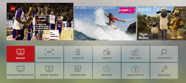 Capture d'écran TV présentant la page d'accueil et la section Replay.