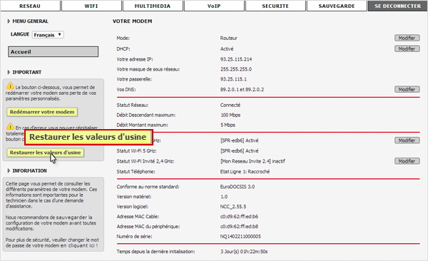 Capture d'écran de l'interface Web de gestion du Modem Très Haut Débit.