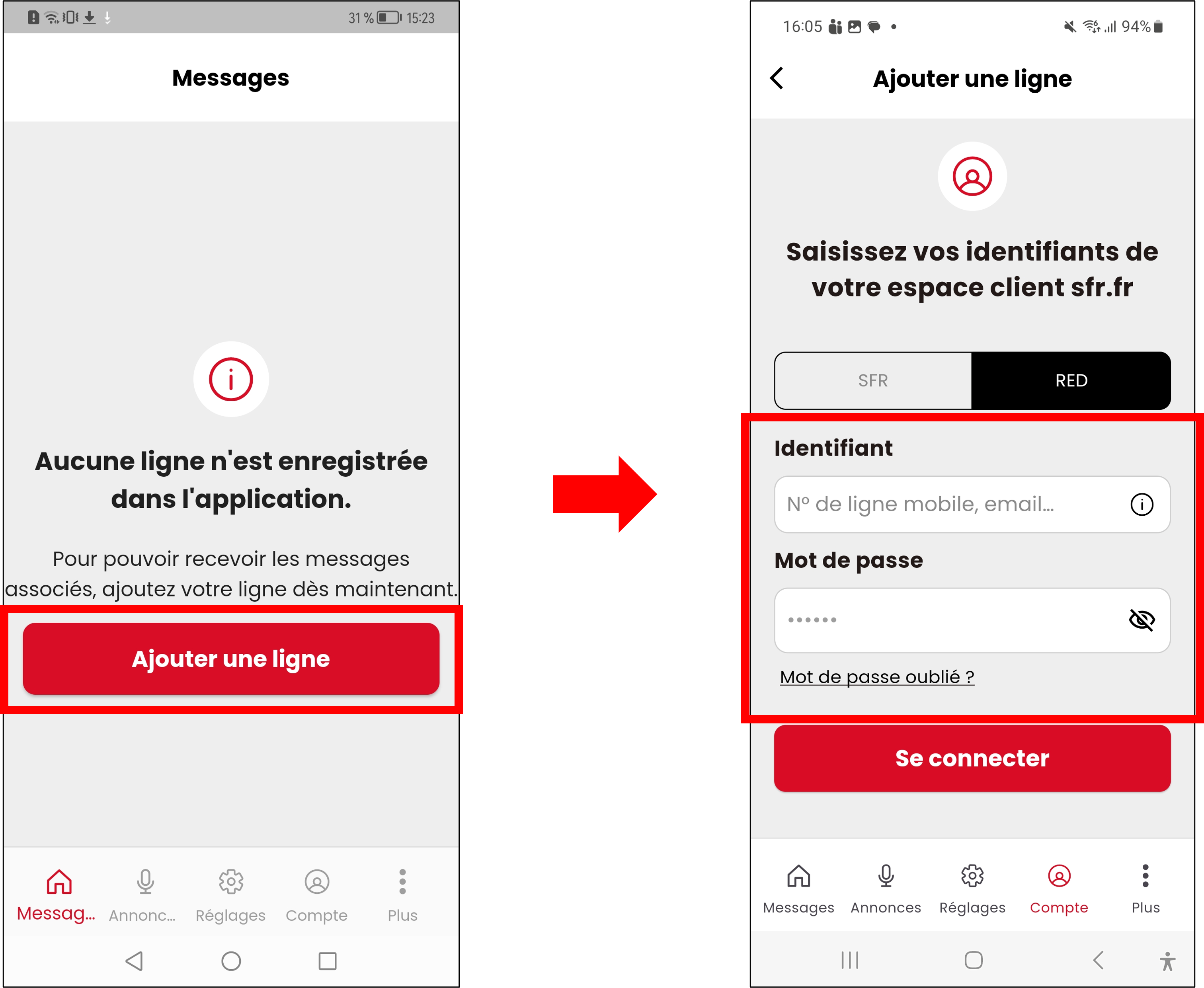captures d'écran présentant le parcours pour ajouter une ligne