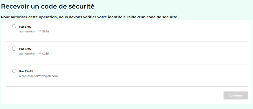 capture d'écran présentant la sélection du mode de réception de son code secret