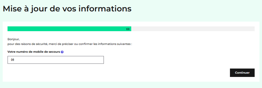 capture d'écran présentant le champ de saisie du numéro de mobile de secours