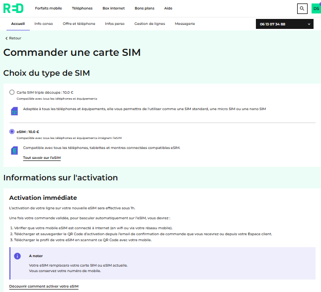 capture d'écran illustrant la commande d'une eSIM sur un Compte Client RED