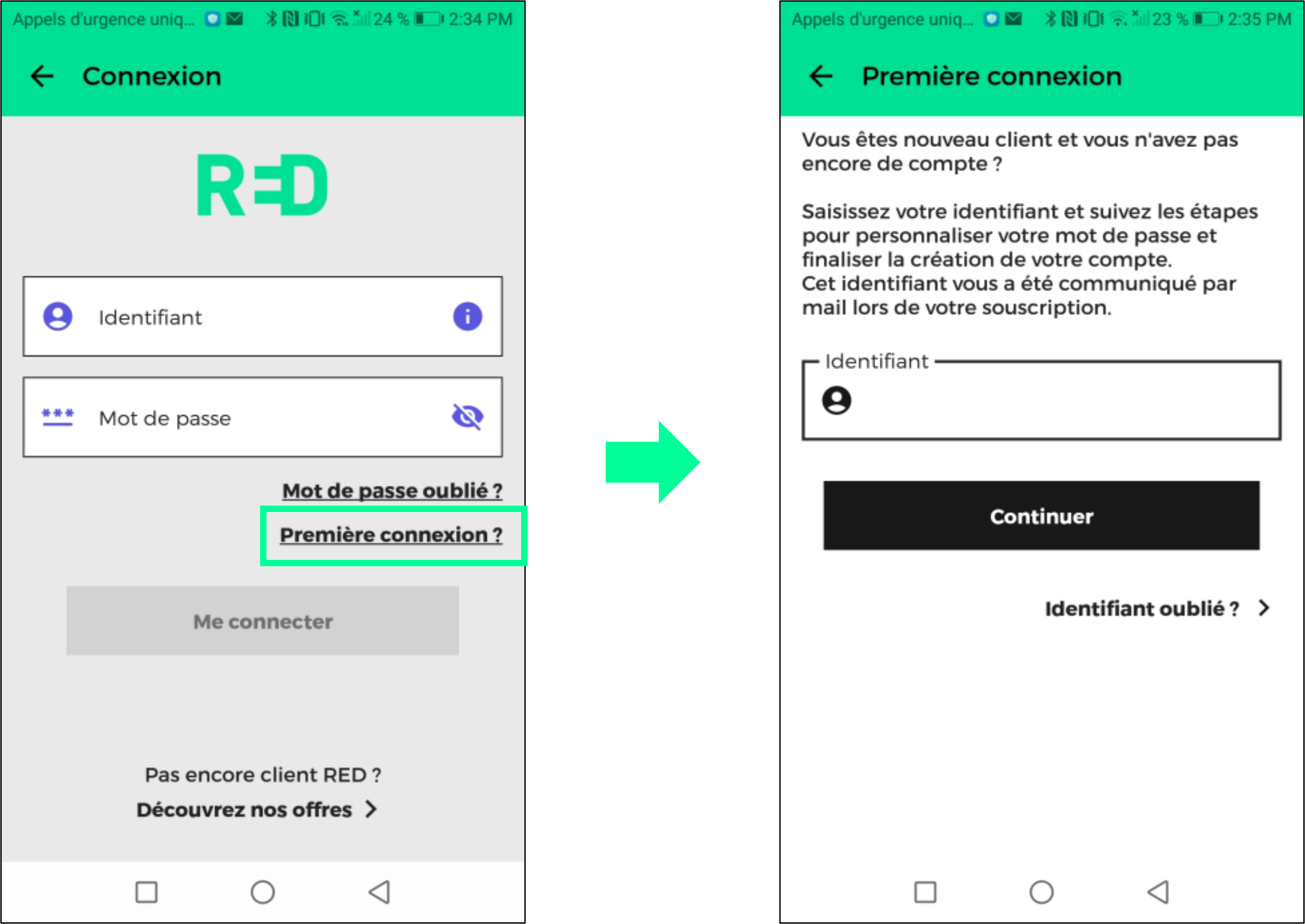 Captures d'écran présentant le parcours de première connexion sur l'application RED & Moi.