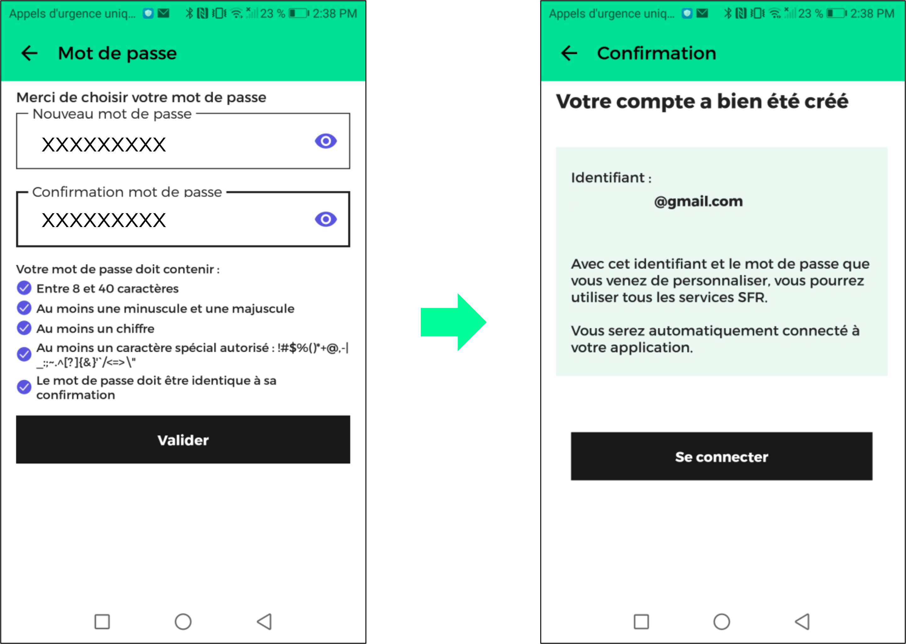 Captures d'écran présentant le parcours de première connexion sur l'application RED & Moi.