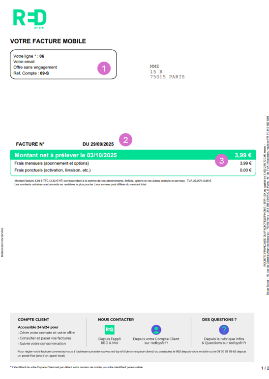 visuel représentant la première page de la première facture RED Mobile