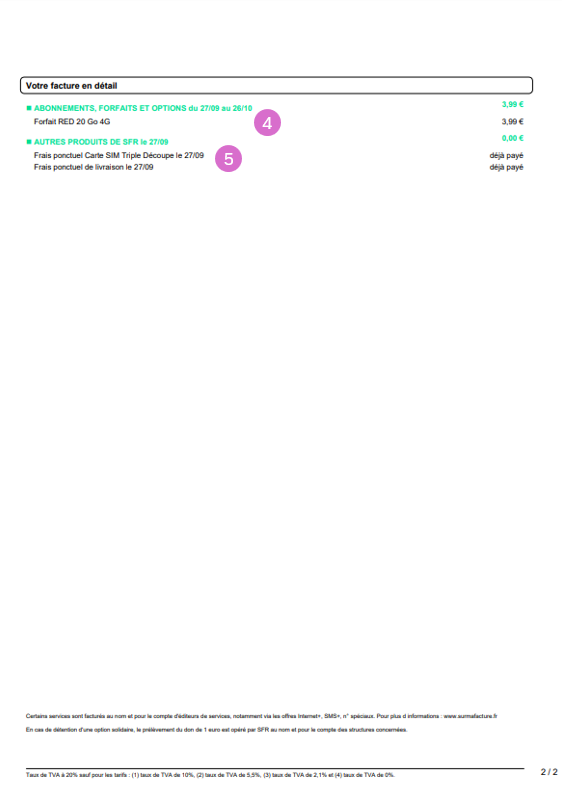 visuel représentant la deuxième page de la première facture RED Mobile