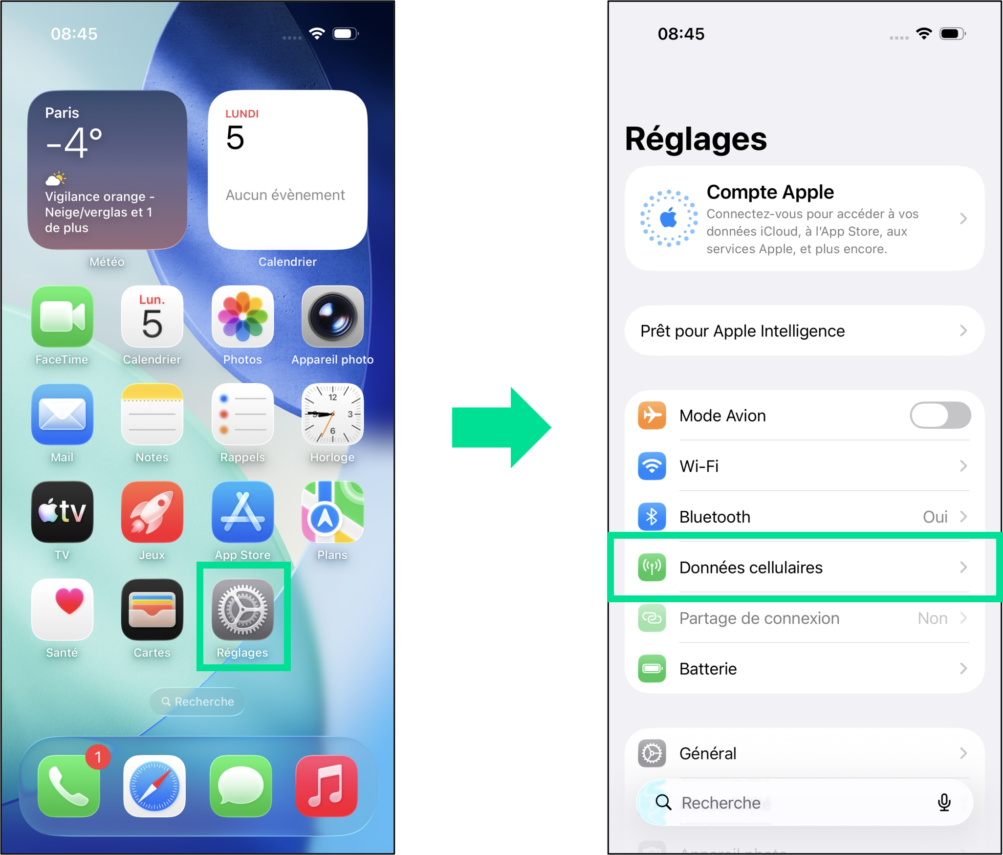 captures d'écran qui illustrent les étapes 1 et 2 du parcours pour transférer une carte SIM d'un Google Pixel vers un iPhone et la transformer en eSIM