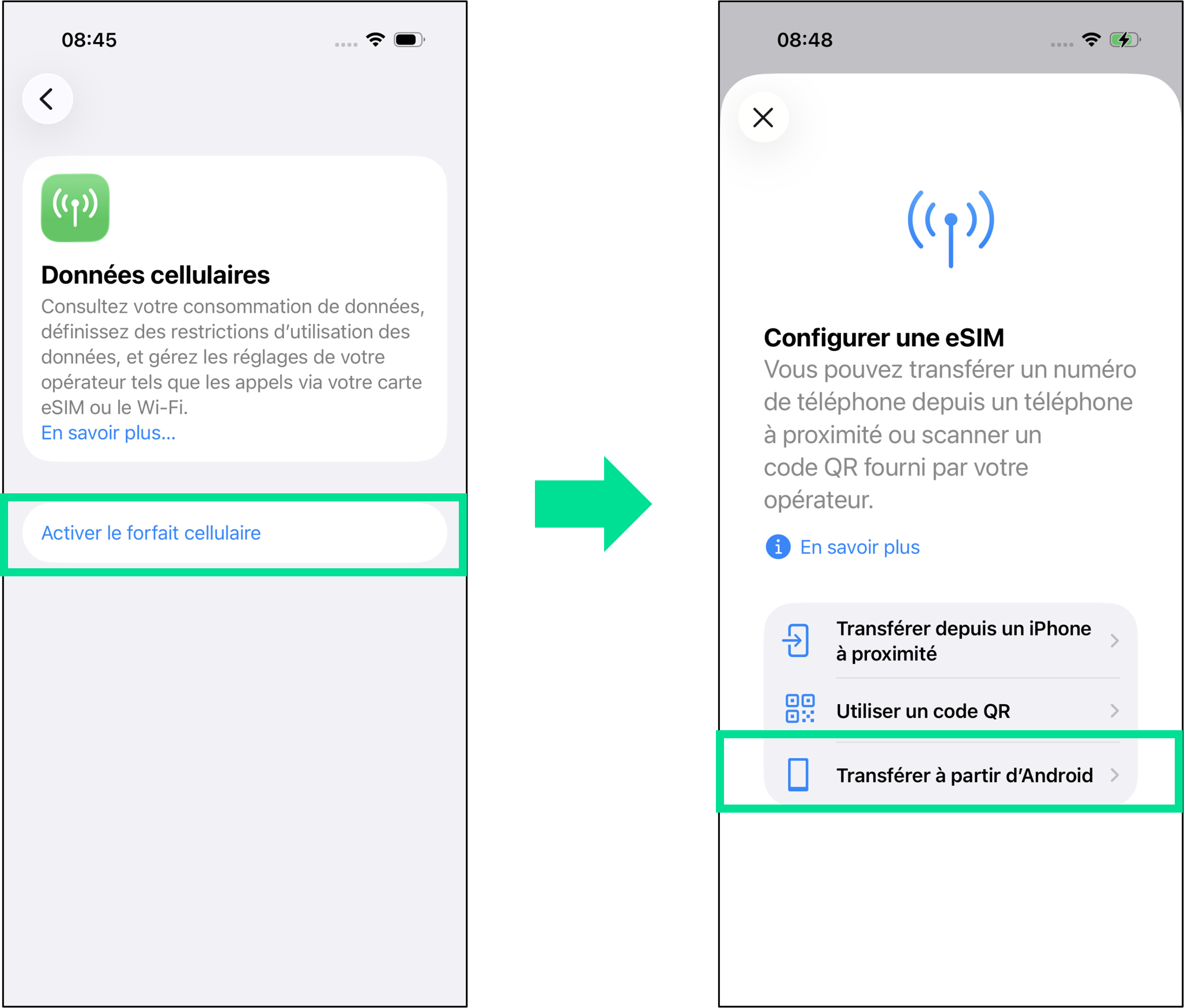 captures d'écran qui illustrent les étapes 3 et 4 du parcours pour transférer une carte SIM d'un Google Pixel vers un iPhone et la transformer en eSIM