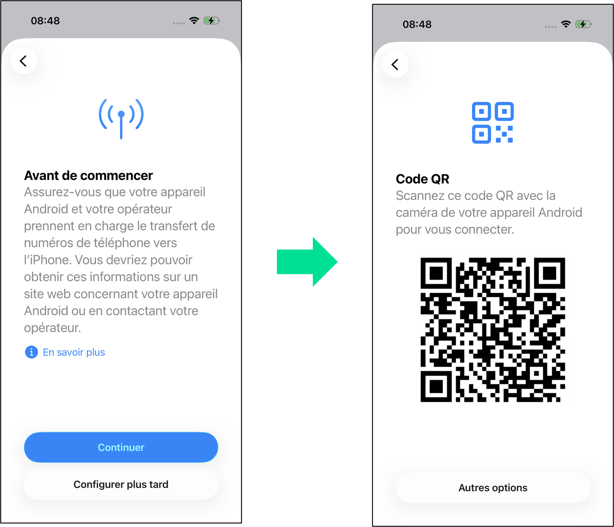 captures d'écran qui illustrent les étapes 5 et 6 du parcours pour transférer une carte SIM d'un Google Pixel vers un iPhone et la transformer en eSIM