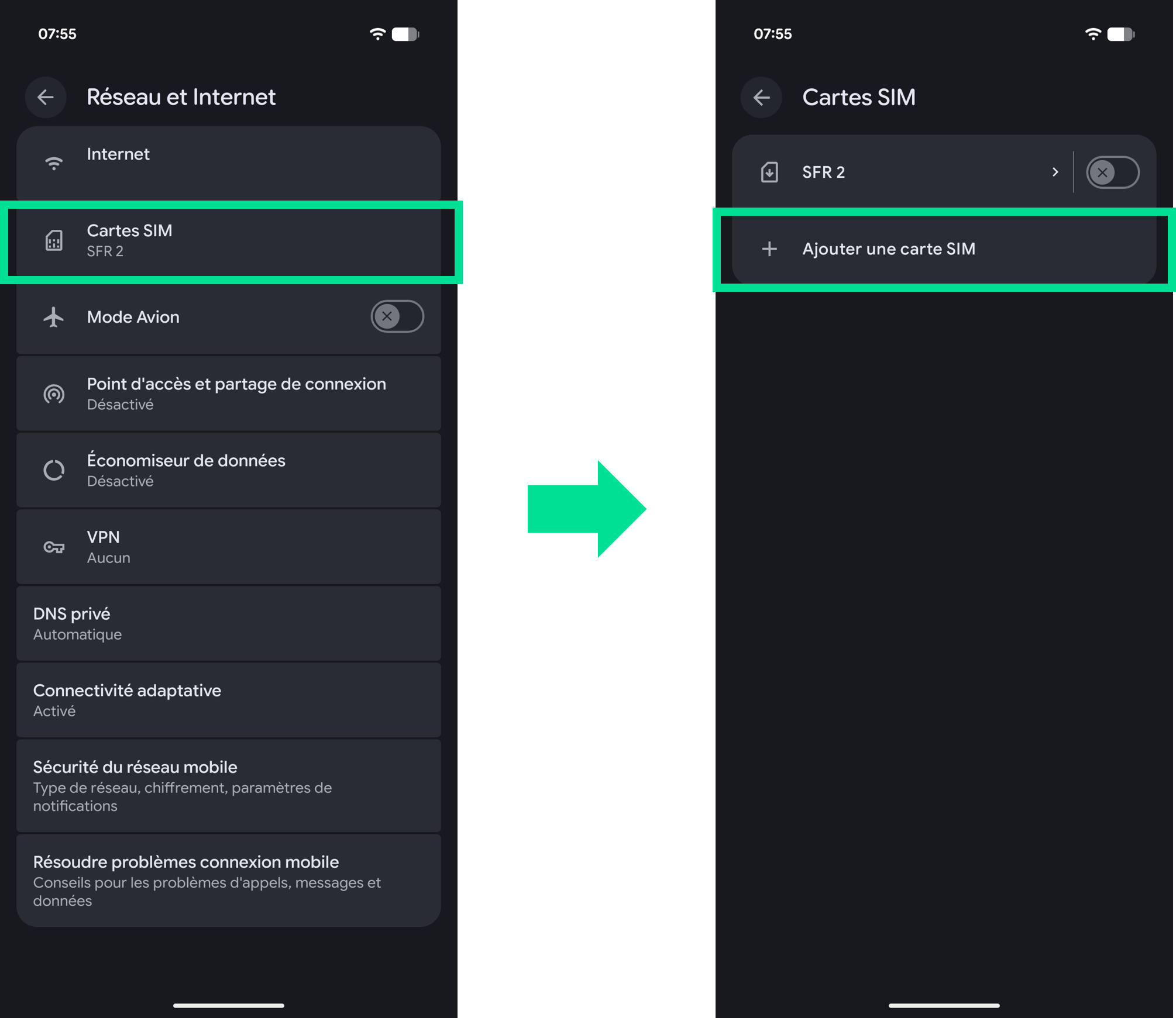 captures d'écran qui illustrent les étapes 3 et 4 du parcours pour transférer une carte SIM d'un iPhone vers un Google Pixel et la transformer en eSIM