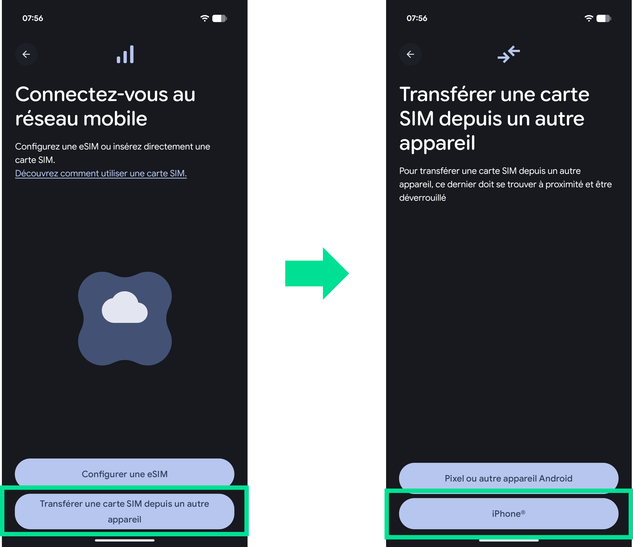 captures d'écran qui illustrent les étapes 5 et 6 du parcours pour transférer une carte SIM d'un iPhone vers un Google Pixel et la transformer en eSIM