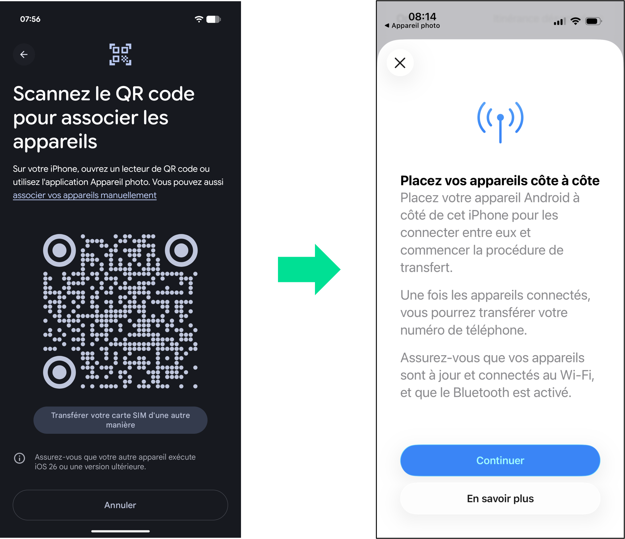 captures d'écran qui illustrent les étapes 7 et 8 du parcours pour transférer une carte SIM d'un iPhone vers un Google Pixel et la transformer en eSIM