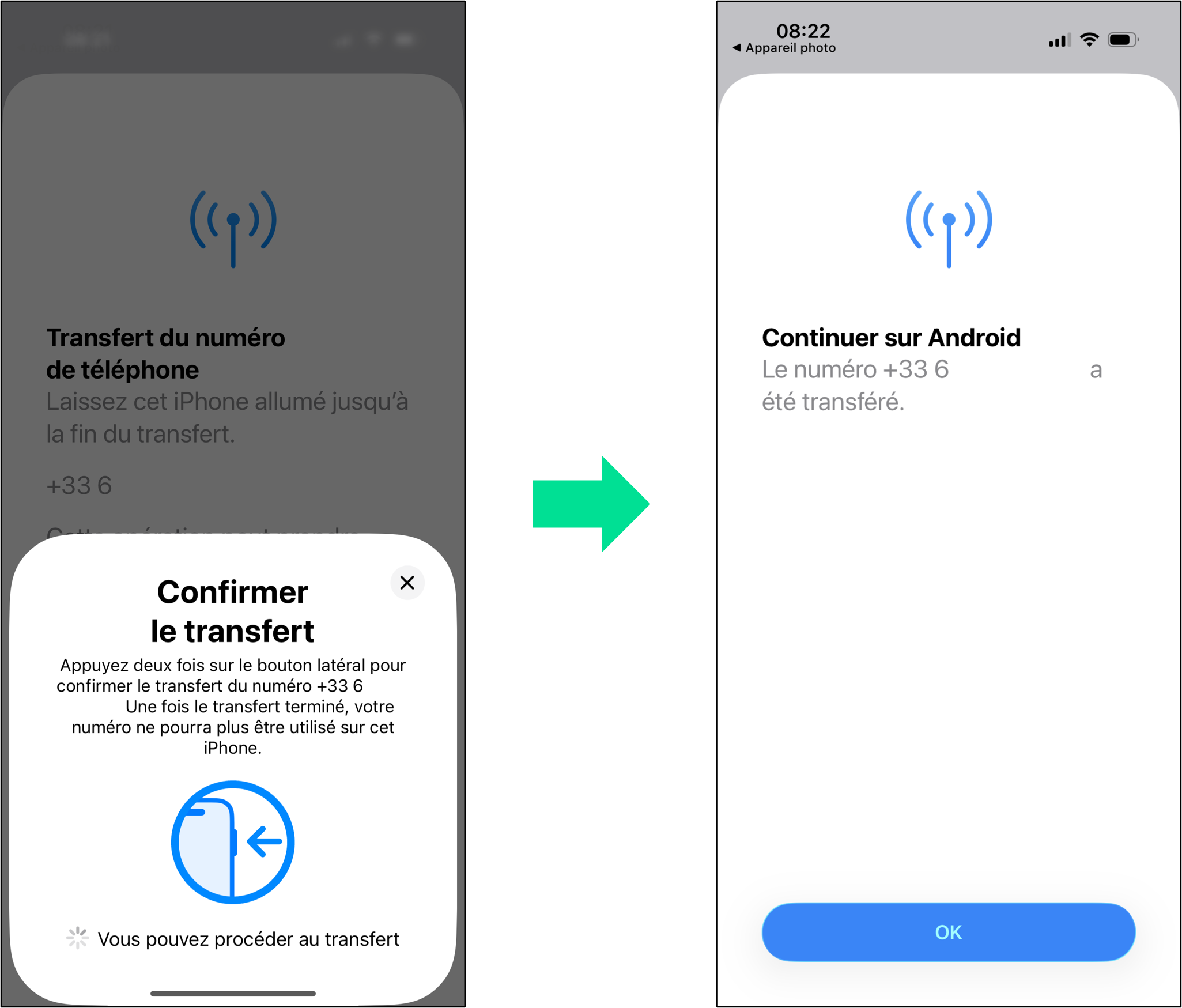 captures d'écran qui illustrent les étapes 9 et 10 du parcours pour transférer une carte SIM d'un iPhone vers un Google Pixel et la transformer en eSIM
