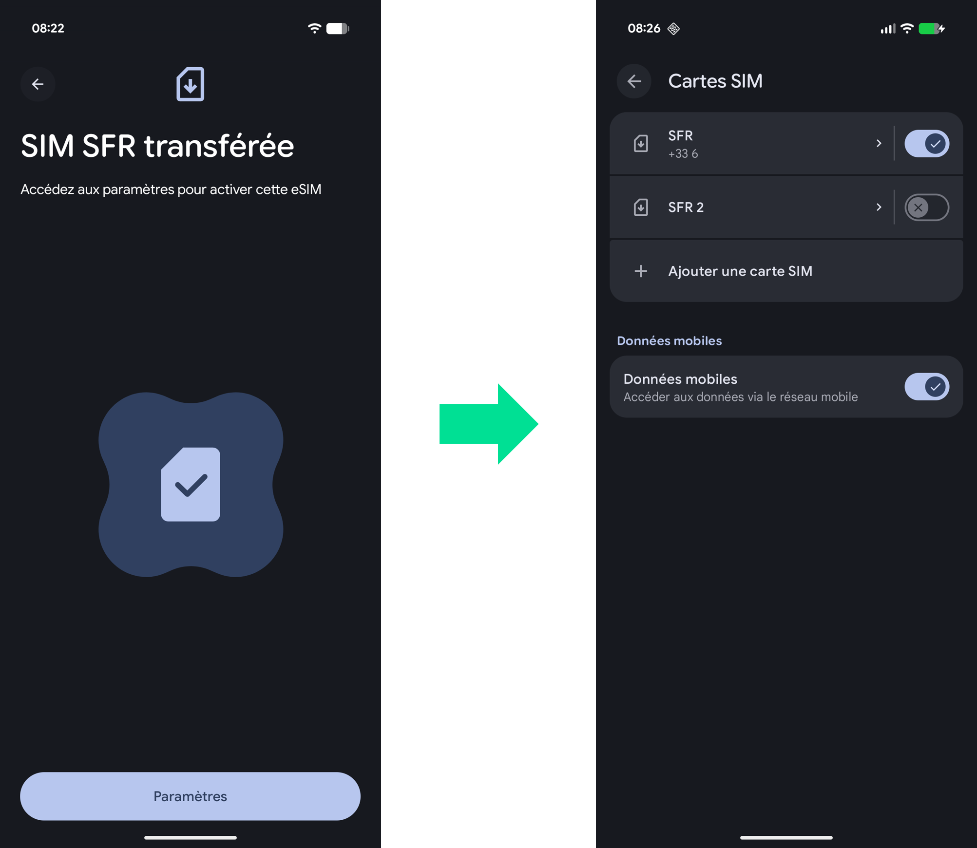 captures d'écran qui illustrent l'étape 11 du parcours pour transférer une eSIM RED d'un iPhone vers un Google Pixel