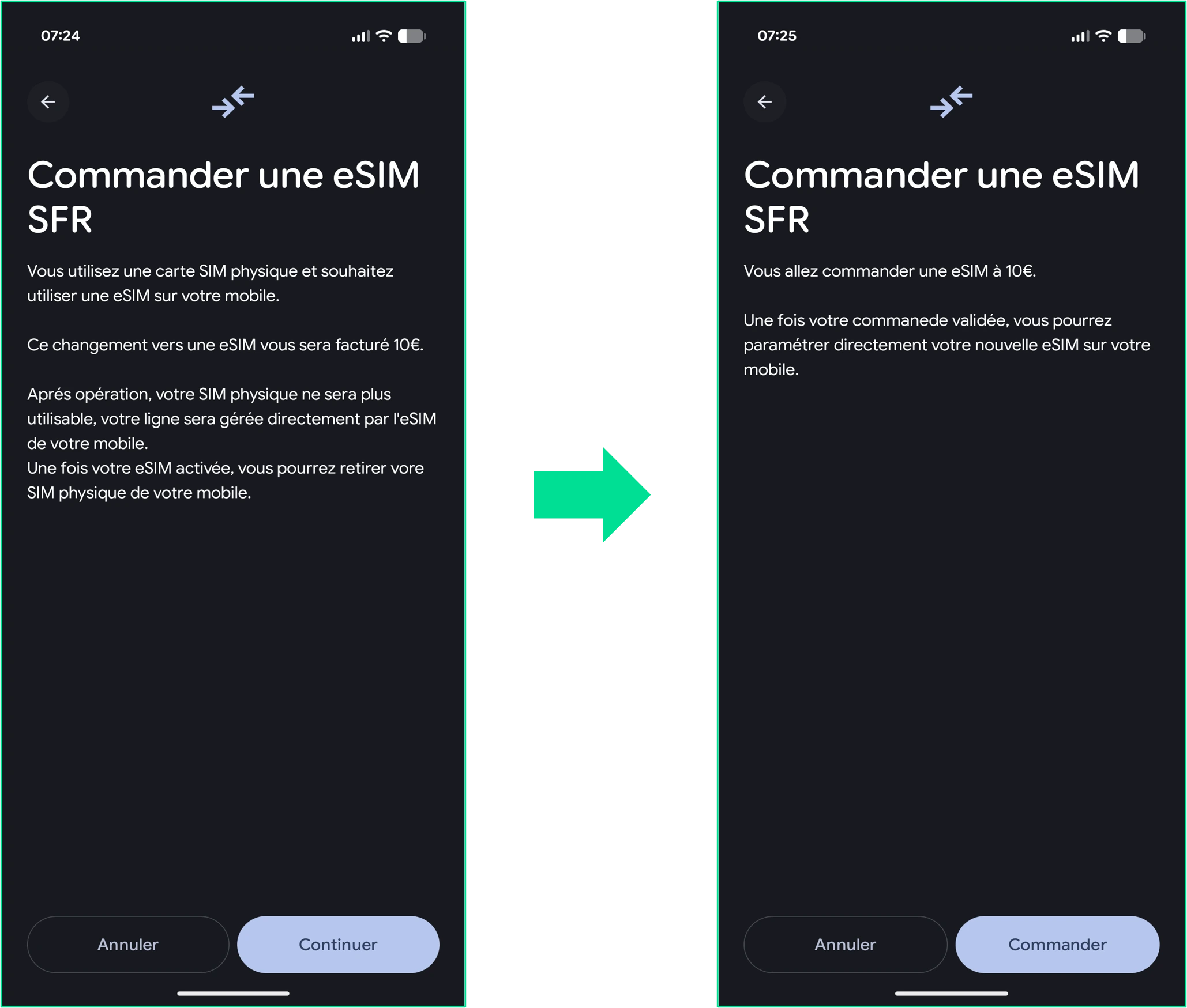 captures d'écran qui illustrent les étapes 11 et 12 du parcours pour transférer une carte SIM d'un iPhone vers un Google Pixel et la transformer en eSIM